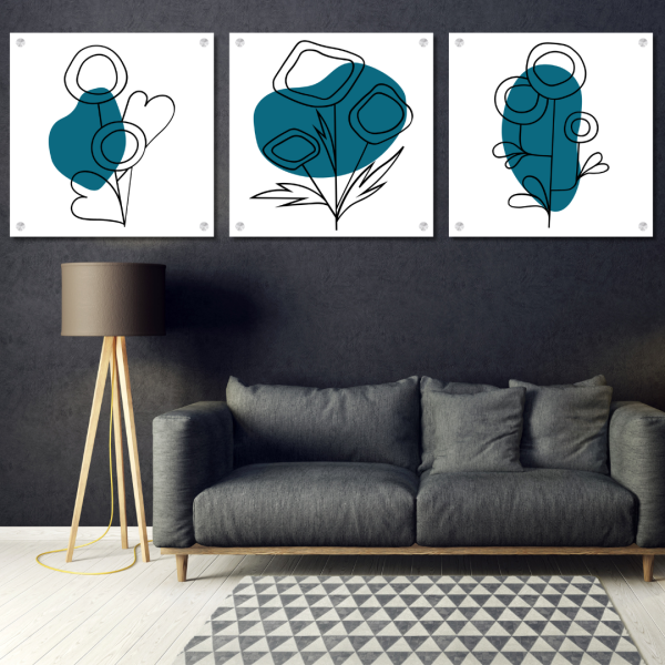 3 Piece Bundle Abstract Blue Flowers Wall Art